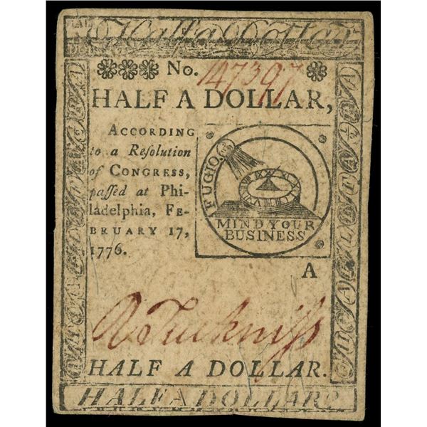 Philadelphia, Continental Congress, $1/2, Feb. 17, 1776, serial 147397.