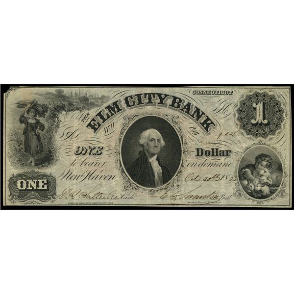 New Haven, Connecticut, Elm City Bank, $1, Oct. 20, 1855, serial 9228, extremely rare.