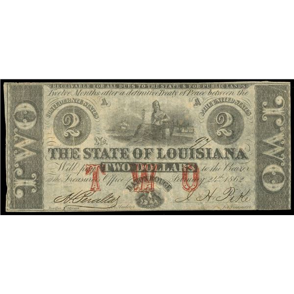 Baton Rouge, Louisiana, State of Louisiana, $2, 24-2-1862, low serial 97, printed on Bank of Texas r