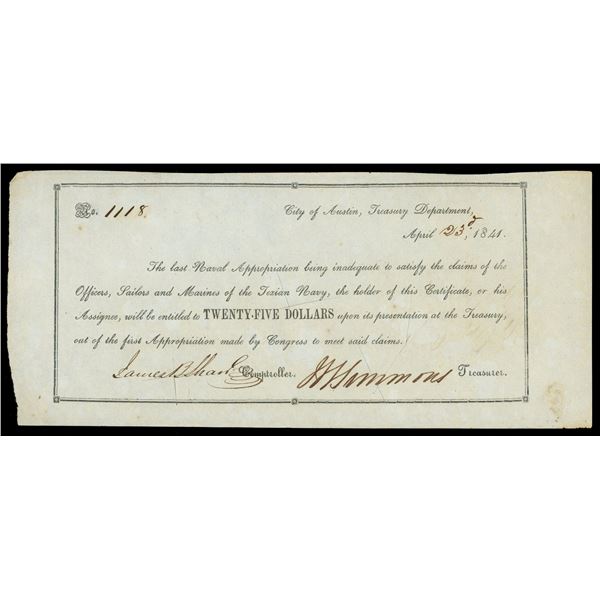 Austin, Republic of Texas, Treasury Department, $25 Texas Navy warrant, April 23, 1841, serial 1118,