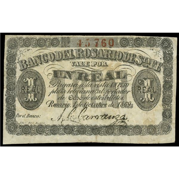 Rosario, Argentina, Banco del Rosario de Santa Fe, 1 real, 1-10-1869, serial 45760.