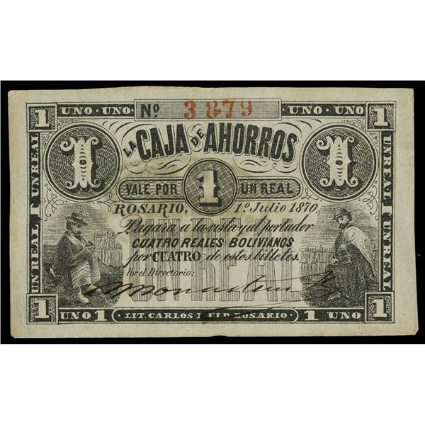 Rosario, Argentina, La Caja de Ahorros, 1 real, 1870, with oval Monasterio y CA overprint on back.