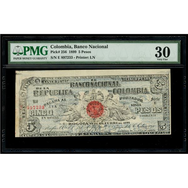 Bogota, Colombia, Banco Nacional, 5 pesos, 28-10-1899, series E, serial 897233, PMG VF 30.