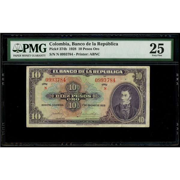Bogota, Colombia, Republica de Colombia, 10 pesos oro, 1-1-1928, series N, serial 0993784, PMG VF 25