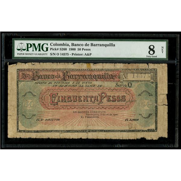 Barranquilla, Colombia, Banco de Barranquilla, 50 pesos, 26-7-1900, series O, serial 14575, PMG Very
