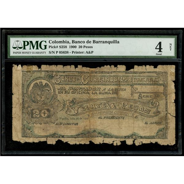 Barranquilla, Colombia, Banco de Barranquilla, 20 pesos, 26-7-1900, series P, serial 05638, very rar