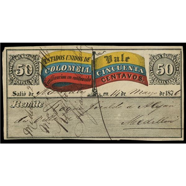 Medellin, Colombia, Correos Nacionales, certificacion con contenido, 50 centavos, 14-5-1876.