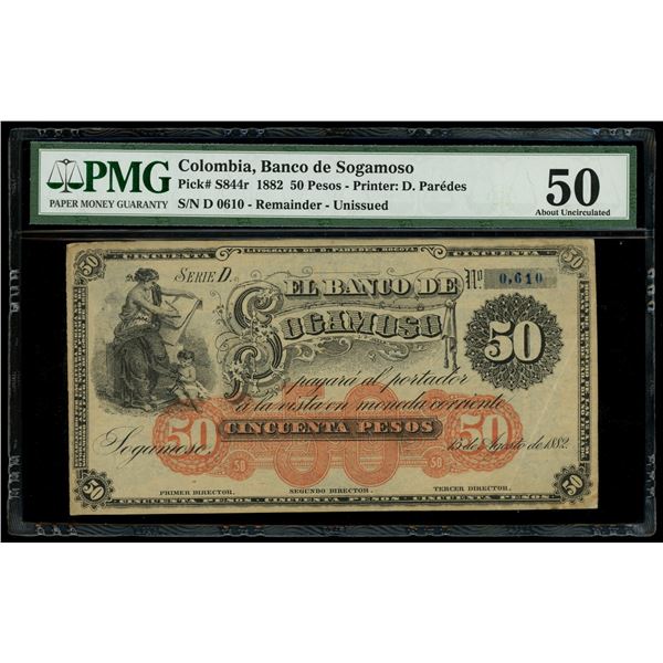 Sogamoso, Colombia, Banco de Sogamoso, 50 pesos remainder, 15-8-1882, series D, serial 0610, PMG AU 