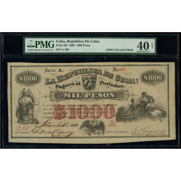 Cuba, Republica de Cuba, 1000 pesos, 6-9-1869, series A, serial 435, PMG XF 40 net / margin staining