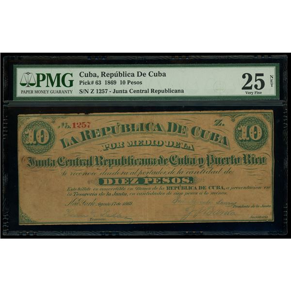 Cuba, Junta Central Republicana de Cuba y Puerto Rico, 10 pesos, 1869, serial Z 1257, PMG VF 25 net