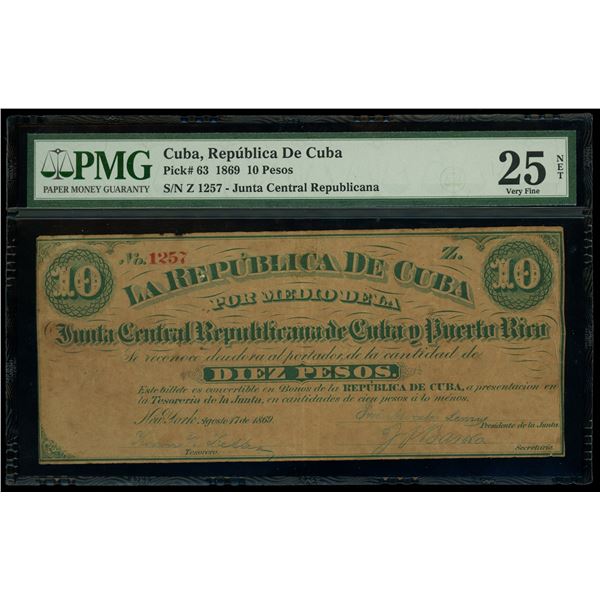 Cuba, Junta Central Republicana de Cuba y Puerto Rico, 10 pesos, 1869, serial Z 1257, PMG VF 25 net 