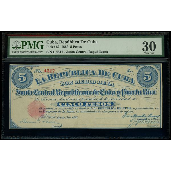 Cuba, Junta Central Republicana de Cuba y Puerto Rico, 5 pesos, 1869, serial L 4517, PMG VF 30, ex-E