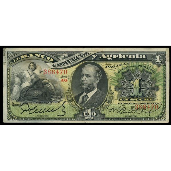 Guayaquil, Ecuador, Banco Comercial y Agricola, 1 sucre, 15-7-1917, series AG, serial 386470.