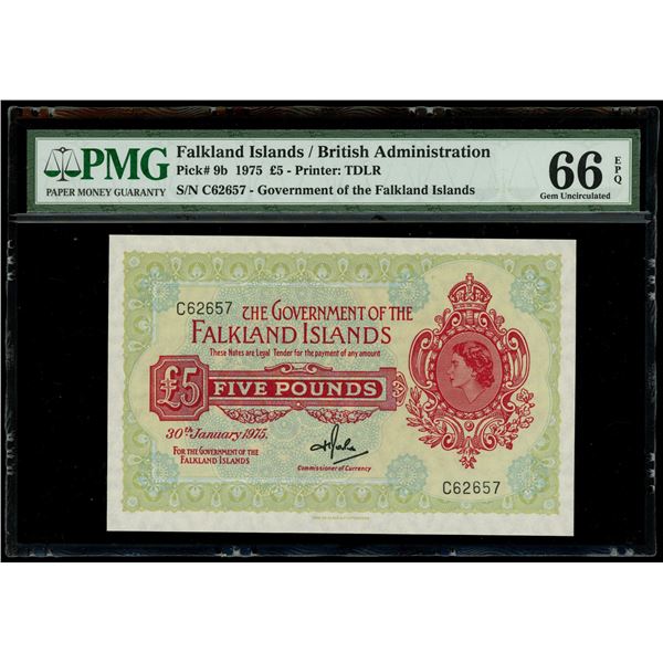 Falkland Islands, 5 pounds, 30-1-1975, Elizabeth II, serial C62657, PMG Gem UNC 66 EPQ.