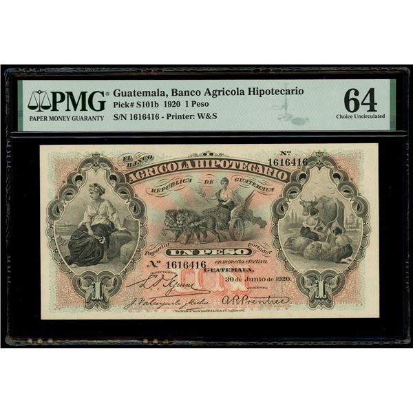 Guatemala, Banco Agricola Hipotecario, 1 peso, 30-6-1920, serial 1616416, PMG Choice UNC 64.