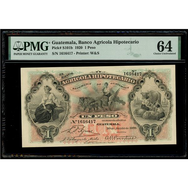 Guatemala, Banco Agricola Hipotecario, 1 peso, 30-6-1920, serial 1616417, PMG Choice UNC 64.