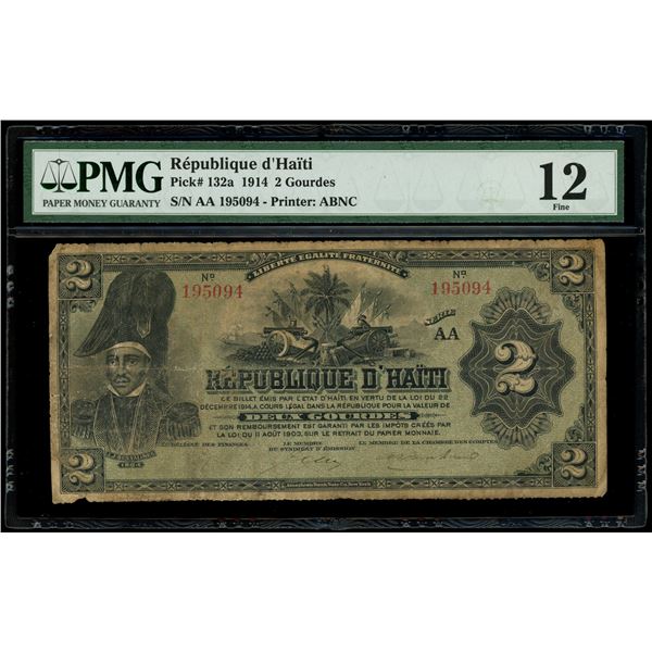 Haiti, Republique d'Haiti, 2 gourdes, 22-12-1914, series AA, serial 195094, PMG Fine 12.