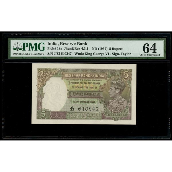 India (British), Reserve Bank, 5 rupees, no date (1937), George VI, serial J/33 640247, PMG Choice U
