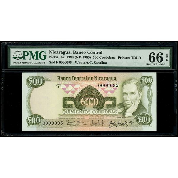 Nicaragua, Banco Central, 500 cordobas, 6-8-1984, series F, serial 0000095, PMG Gem UNC 66 EPQ.