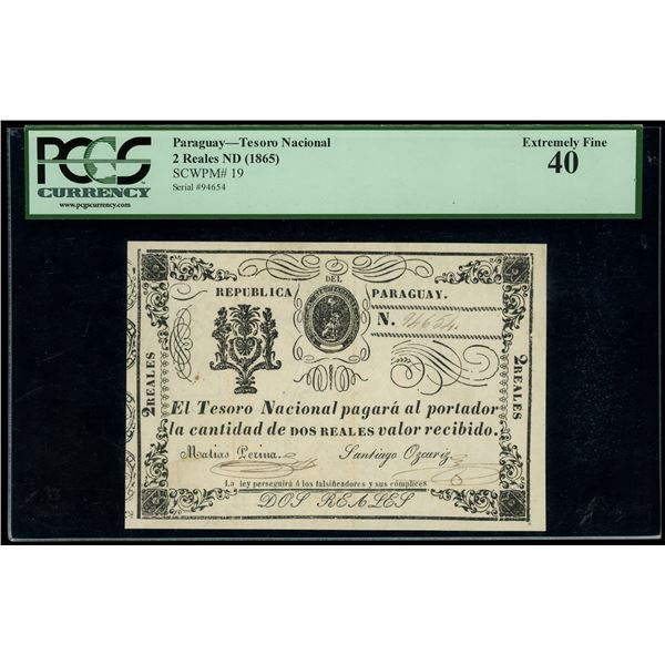 Paraguay, Tesoro Nacional, 2 reales, no date (1865), serial 94654, PCGS XF 40.