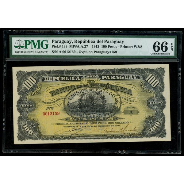 Paraguay, Republica del Paraguay, provisional 100 pesos, 26-12-1907, serial 0012159, with black oval