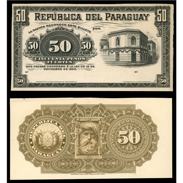 Paraguay, Republica del Paraguay, front and back 50 pesos proofs on cardstock, 18-11-1899, rare.
