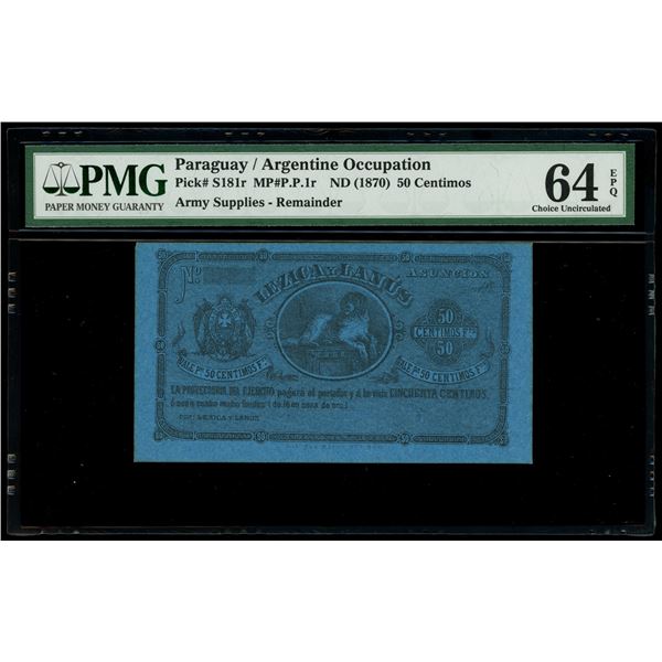 Asuncion, Paraguay, Lezica y Lanus, 50 centimos remainder, no date (187X), PMG Choice UNC 64 EPQ.