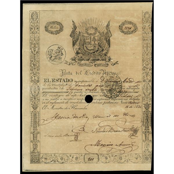 Lima, Peru, Junta del Credito Nacional, 200 pesos, 16-11-1836, serial 18791.