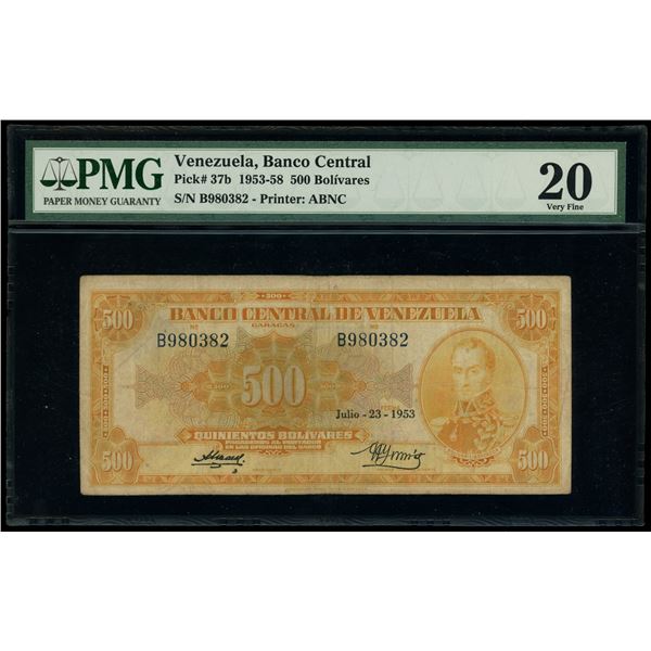Caracas, Venezuela, Banco Central, 500 bolivares, 23-7-1953, serial B980382, PMG VF 20.