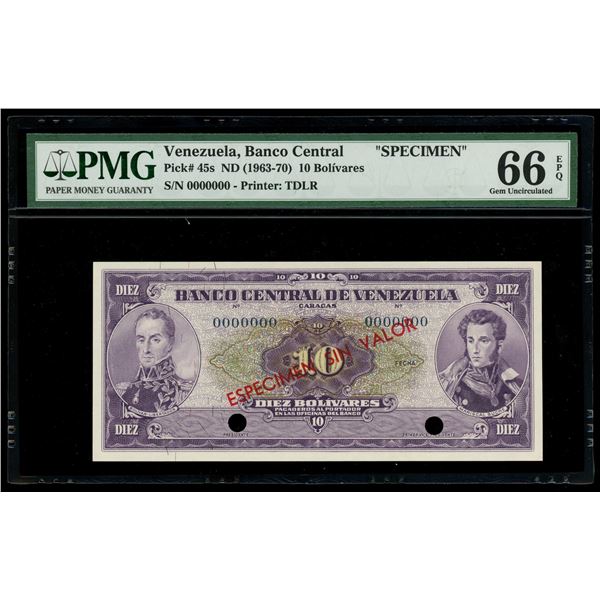 Caracas, Venezuela, Banco Central, 10 bolivares specimen, (1963-70), PMG Gem UNC 66 EPQ.