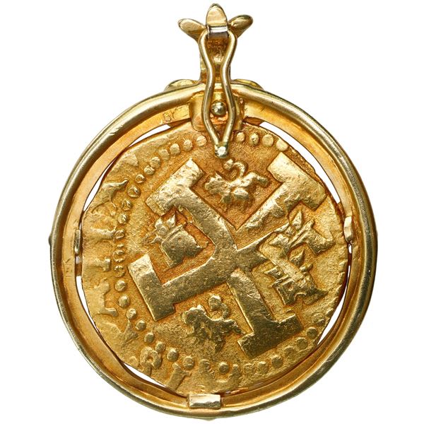 Lima, Peru, gold cob 8 escudos, Philip V, assayer M (date not visible, 1720s), mounted pillars-side