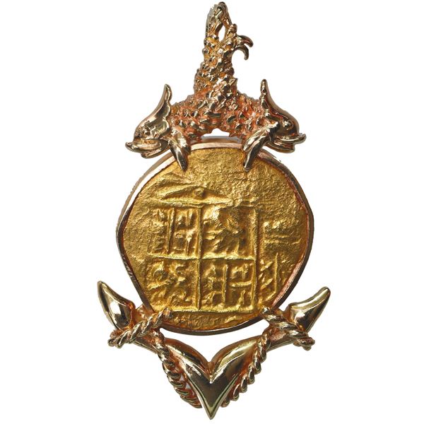 Bogota, Colombia, gold cob 2 escudos, Charles II posthumous, no assayer (Arce), ex-1715 Fleet, mount