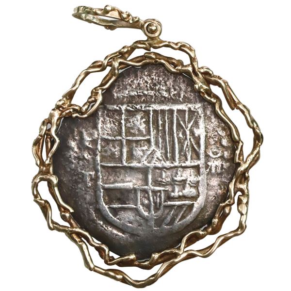 Potosi, Bolivia, cob 8 reales, Philip III, assayer T, Grade 1, ex-Atocha (1622), mounted cross-side