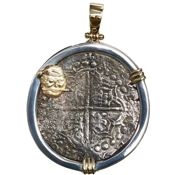 Potosi, Bolivia, cob 8 reales, Philip III, assayer T, Grade 2, ex-Atocha (1622), mounted cross-side