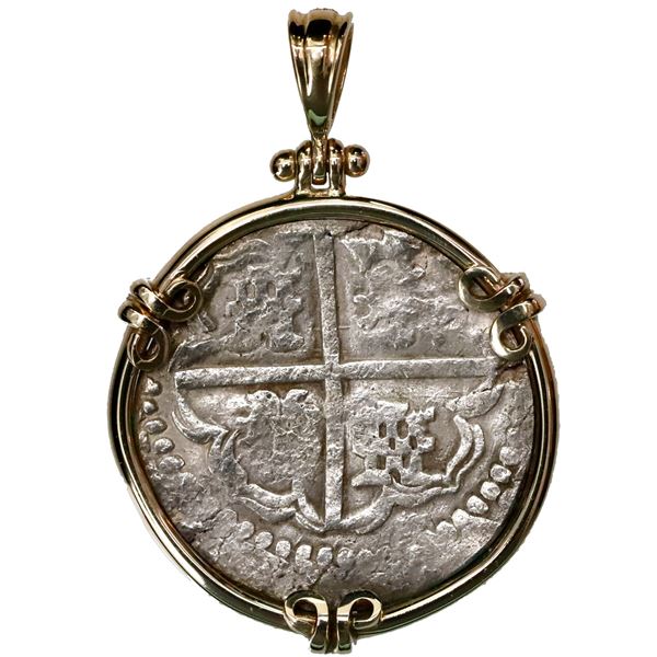 Potosi, Bolivia, cob 4 reales, Philip IV, assayer T, mounted cross-side out in 14K gold pendant with