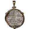 Image 1 : Potosi, Bolivia, cob 4 reales, Philip IV, assayer T, mounted cross-side out in 14K gold pendant with