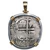 Image 1 : Potosi, Bolivia, cob 8 reales, 1670 E, mounted cross-side out in heavy silver pendant with 14K gold