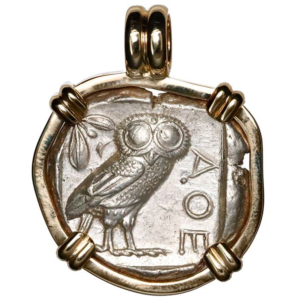 Attica, Athens, AR tetradrachm "owl," 449-413 BC, mounted owl-side out in 14K gold pendant with fixe