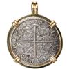 Image 2 : Segovia, Spain, milled 4 reales, Philip IV, 1628 P, mounted cross-side out in 14K gold bezel.