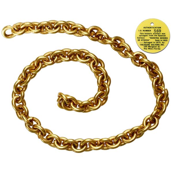 Atocha Gold chain, 67 links, 23 grams total, tested at 21K fine gold, (1622), hand-signed coa