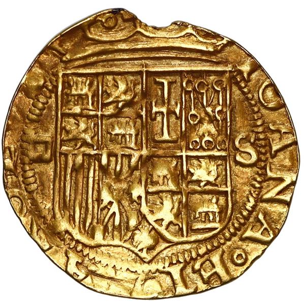 Seville, Spain, gold 1 escudo, Charles-Joanna, assayer Gothic D to left, mintmark S to right.