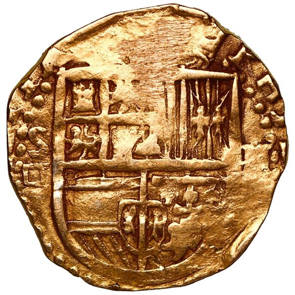 Seville, Spain, gold cob 2 escudos, Philip II, assayer Gothic D to left, mintmark S to right.