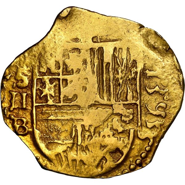 Seville, Spain, gold cob 2 escudos, 1595 date to right, assayer B below mintmark S and denomination