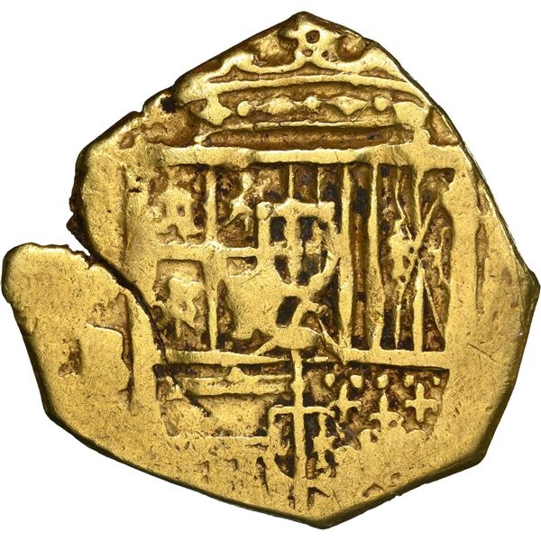 Seville, Spain, gold cob 2 escudos, Philip II, assayer B, NGC XF details / cleaned.