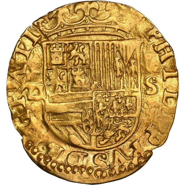 Seville, Spain, gold cob 1 escudo, Philip II, assayer Gothic D to left, mintmark S to right.