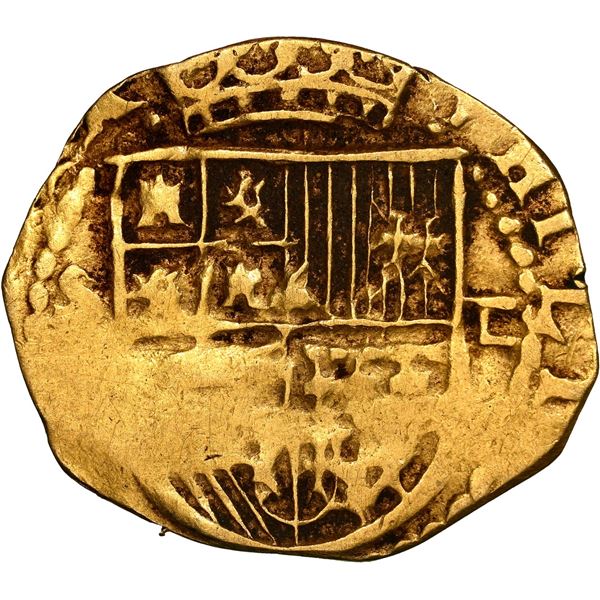 Seville, Spain, gold cob 1 escudo, Philip II, assayer Gothic D to right, mintmark S to left, NGC Cli
