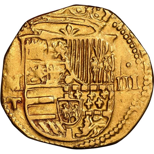 Toledo, Spain, gold cob 2 escudos, Phillip II, assayer M above mintmark T to left, NGC Clipped.