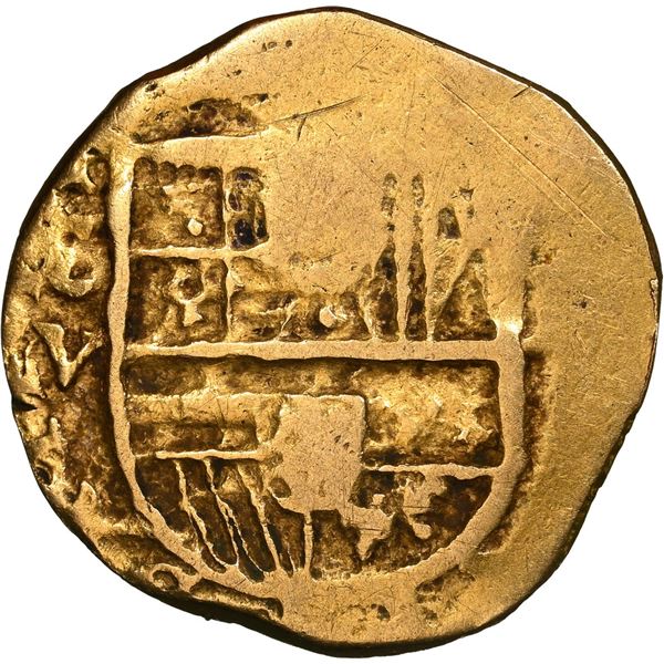 Seville, Spain, gold cob 1 escudo, Philip III, assayer V, NGC XF details / edge filing.