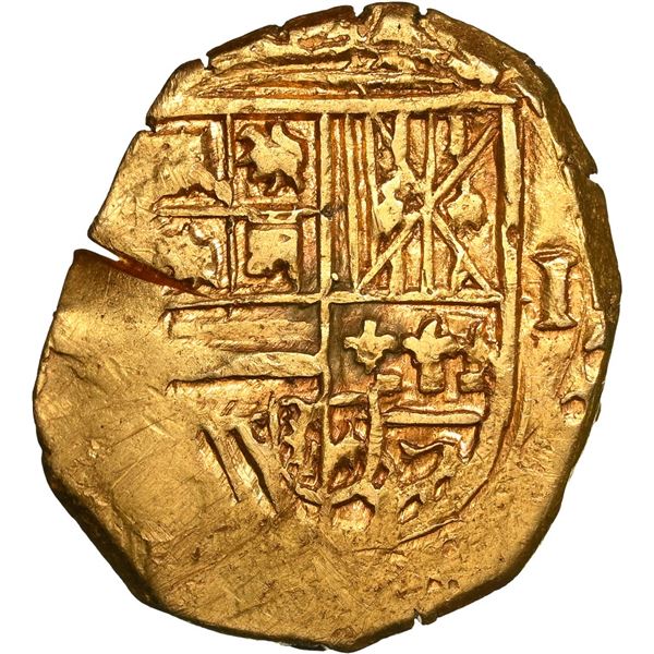 Seville, Spain, gold cob 1 escudo, Phillip III, assayer not visible, NGC AU details / damaged.