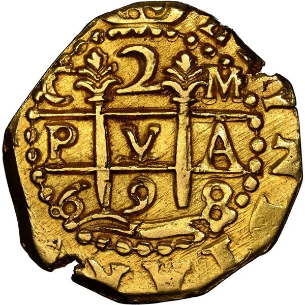 Cuzco, Peru, gold cob 2 escudos, 1698 M, small flan, NGC MS 63.
